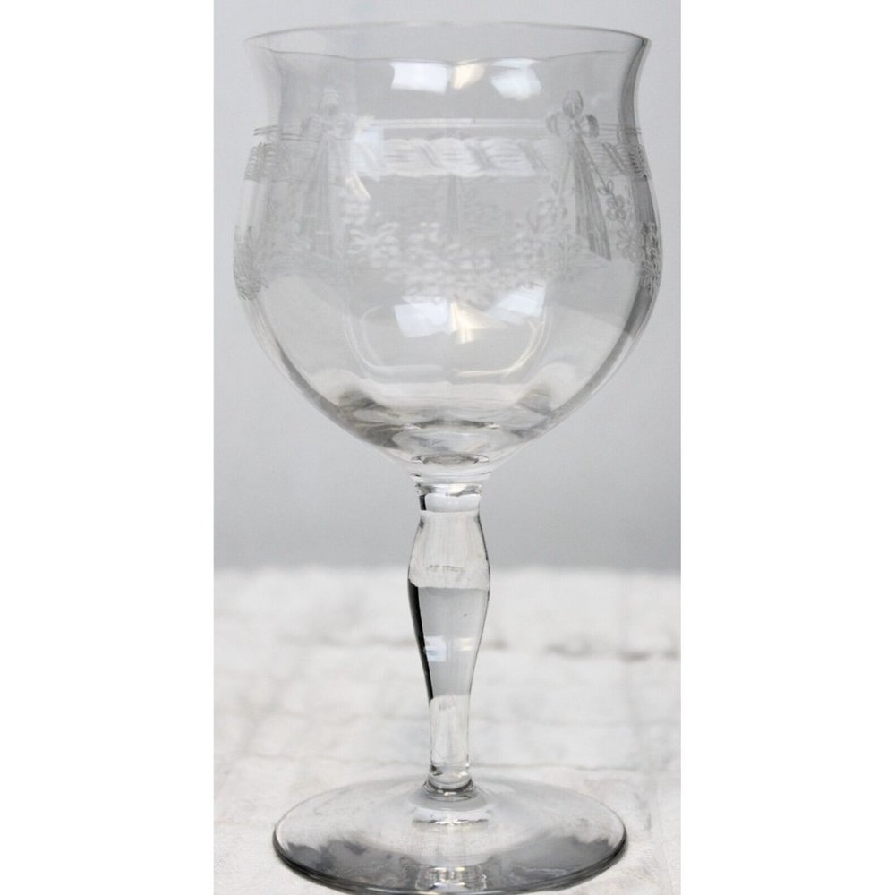 VTG 1920's Bryce #350-4 Hock Wine Glass Elegant Etched Water Optic Goblet Floral
